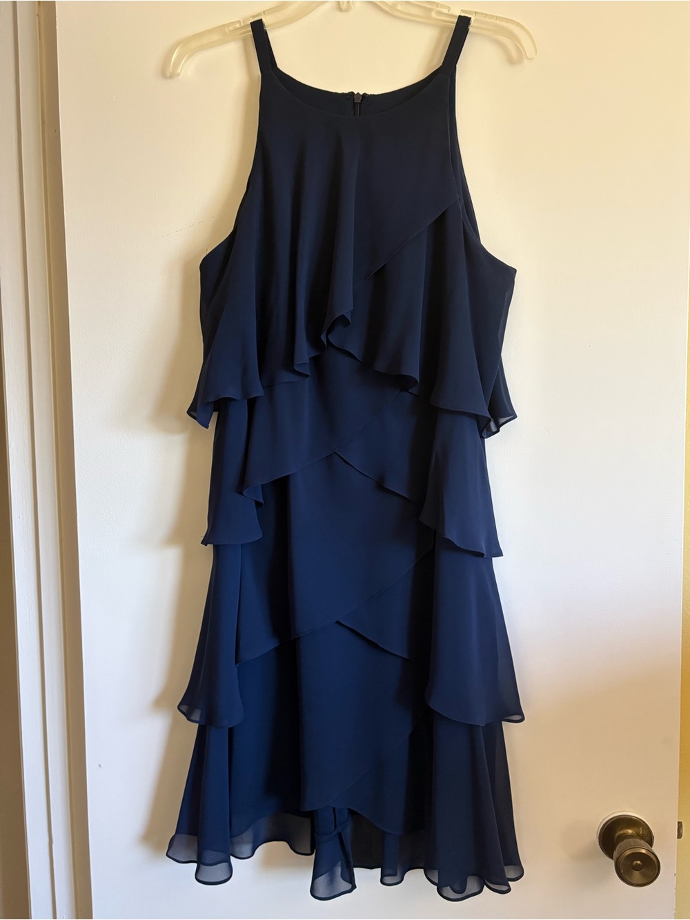 SLNY Navy Sleeveless Chiffon Tulip Tiered High Low Cocktail Dress